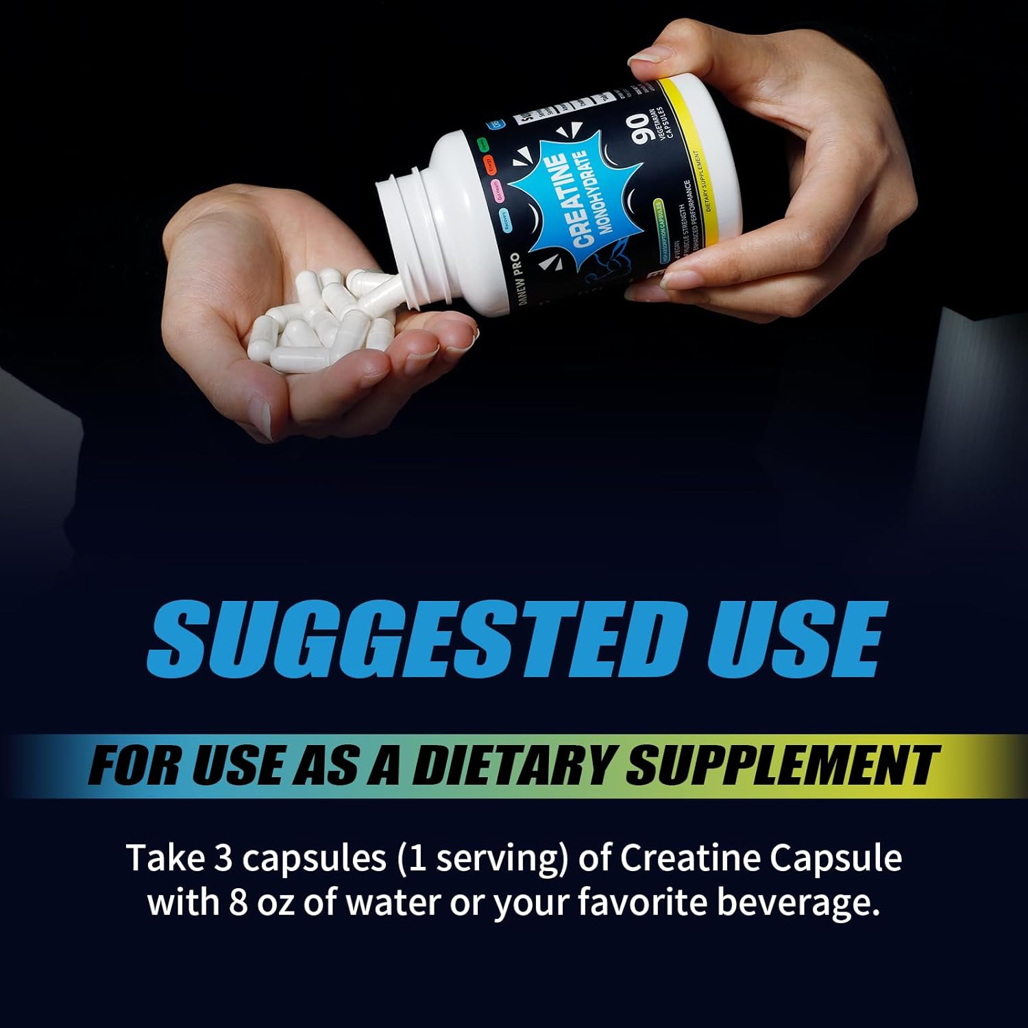 High Potency DANEW Pro Creatine Monohydrate Capsules - 90 Count, Gluten Free & Non-GMO Formula, 2500mg Per Serving