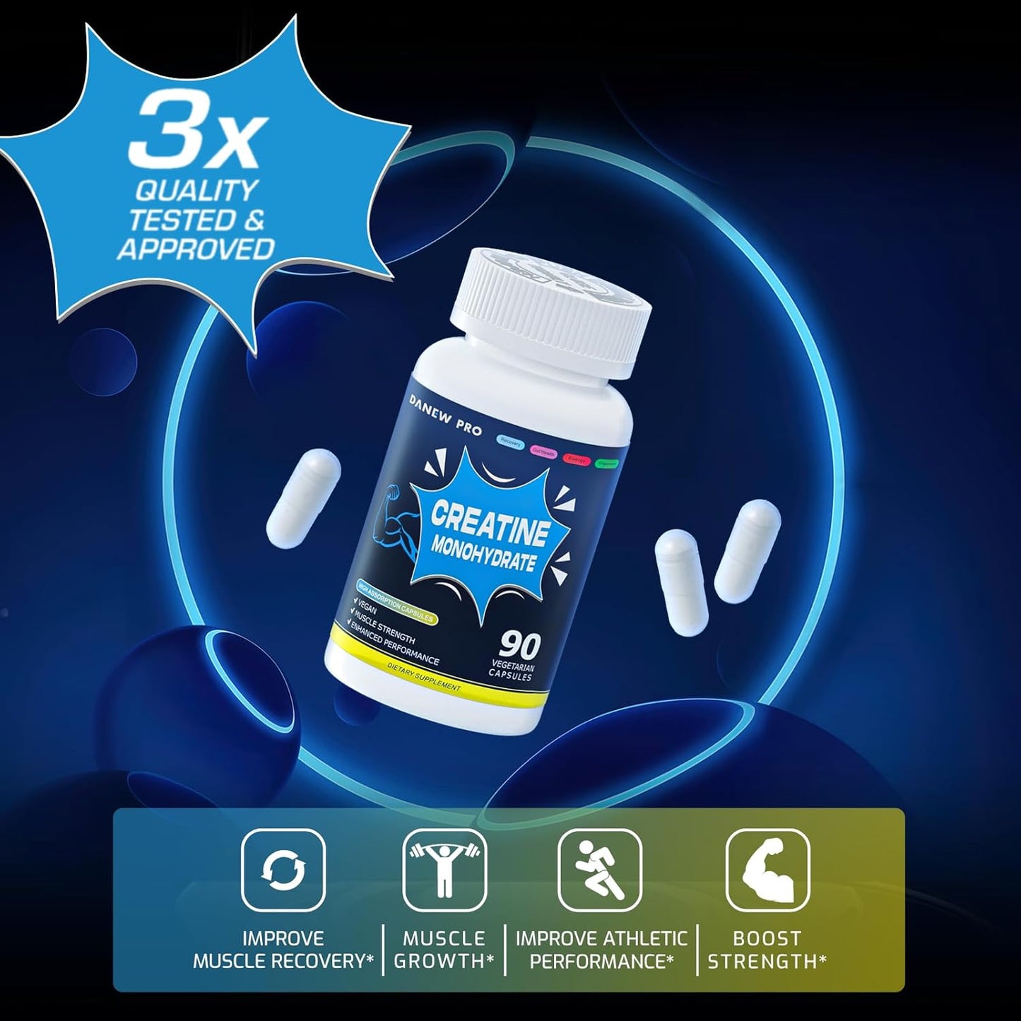 High Potency DANEW Pro Creatine Monohydrate Capsules - 90 Count, Gluten Free & Non-GMO Formula, 2500mg Per Serving
