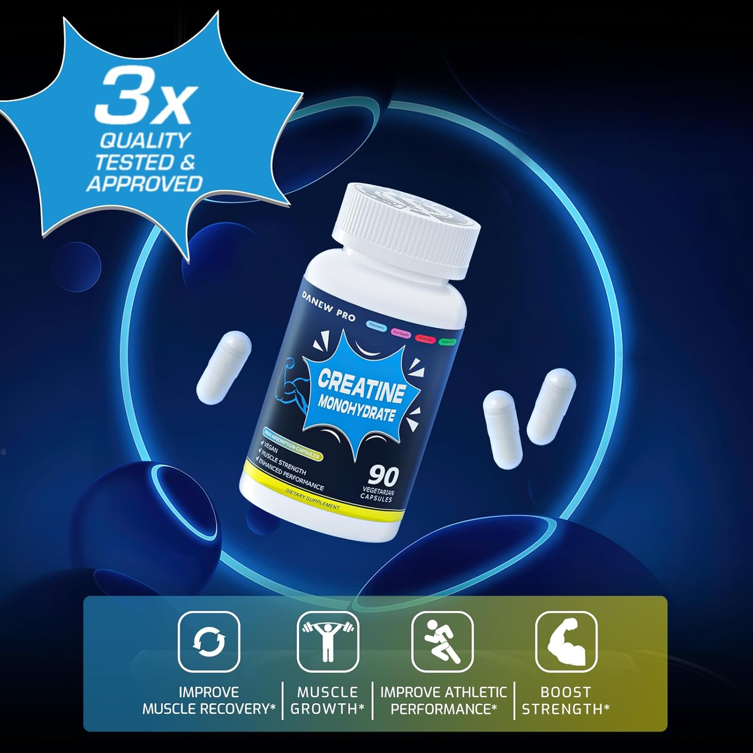 High Potency DANEW Pro Creatine Monohydrate Capsules - 90 Count, Gluten Free & Non-GMO Formula, 2500mg Per Serving