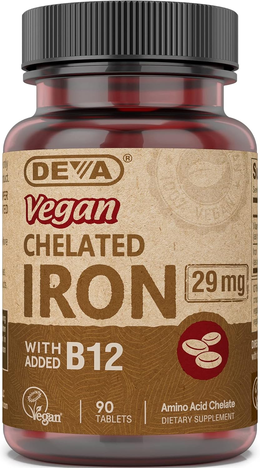 High Potency Deva Nutrition Vegan Chelated Iron 29 mg Tablets with B-12 - Easy to Swallow, 90ct - 1-Pack