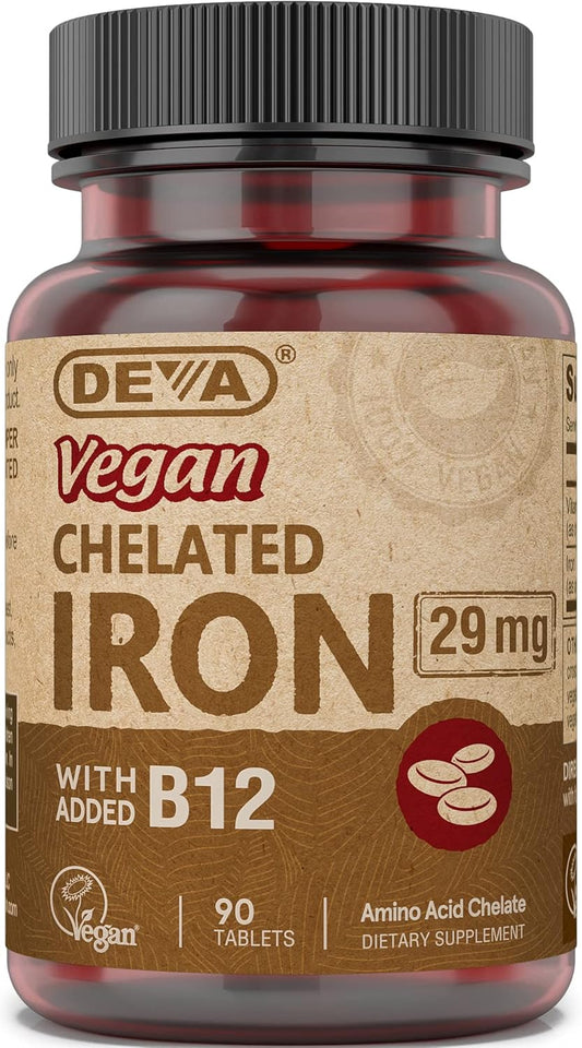 High Potency Deva Nutrition Vegan Chelated Iron 29 mg Tablets with B-12 - Easy to Swallow, 90ct - 1-Pack