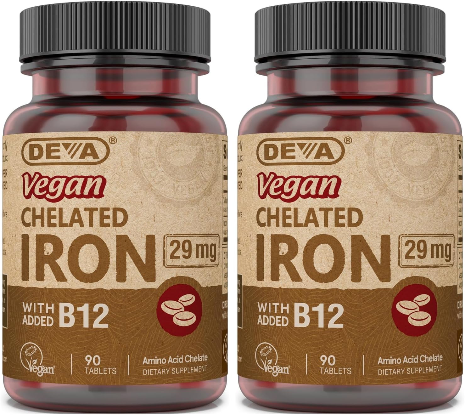 High Potency DEVA Nutrition Vegan Chelated Iron 29 mg with B-12 - Easy to Swallow Tablets - 2-Pack of 90
