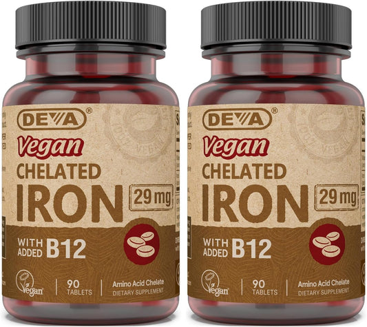 High Potency DEVA Nutrition Vegan Chelated Iron 29 mg with B-12 - Easy to Swallow Tablets - 2-Pack of 90