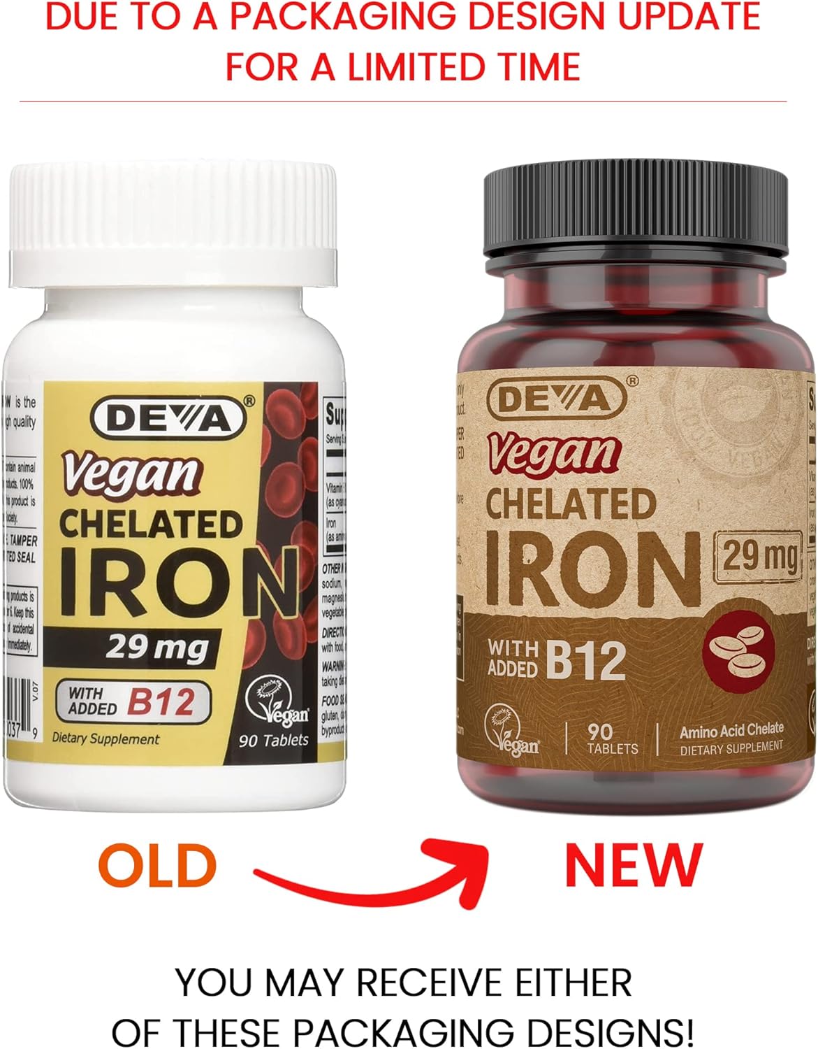 High Potency Deva Nutrition Vegan Chelated Iron 29 mg Tablets with B-12 - Easy to Swallow, 90ct - 1-Pack