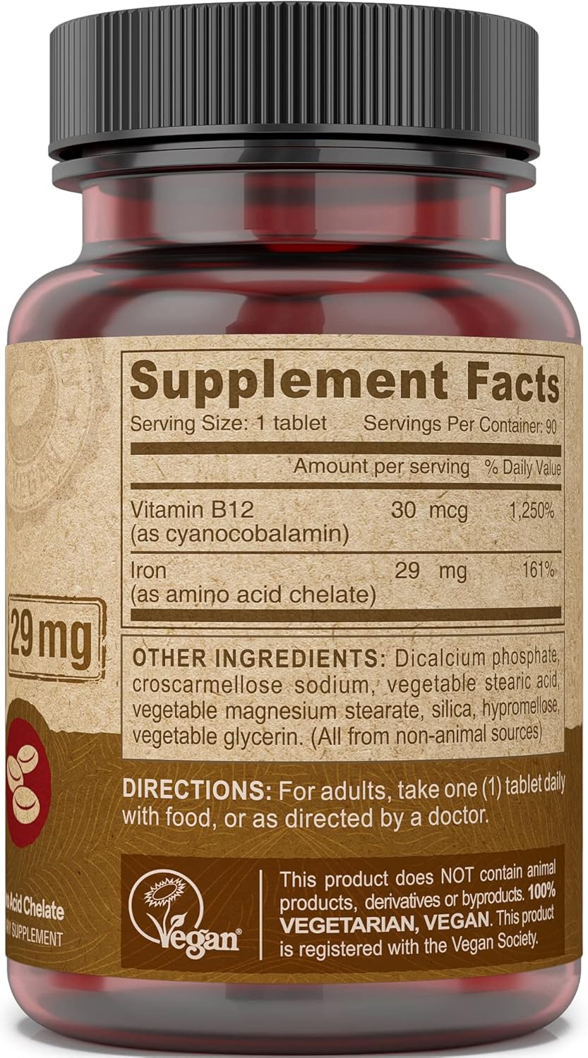 High Potency Deva Nutrition Vegan Chelated Iron 29 mg Tablets with B-12 - Easy to Swallow, 90ct - 1-Pack