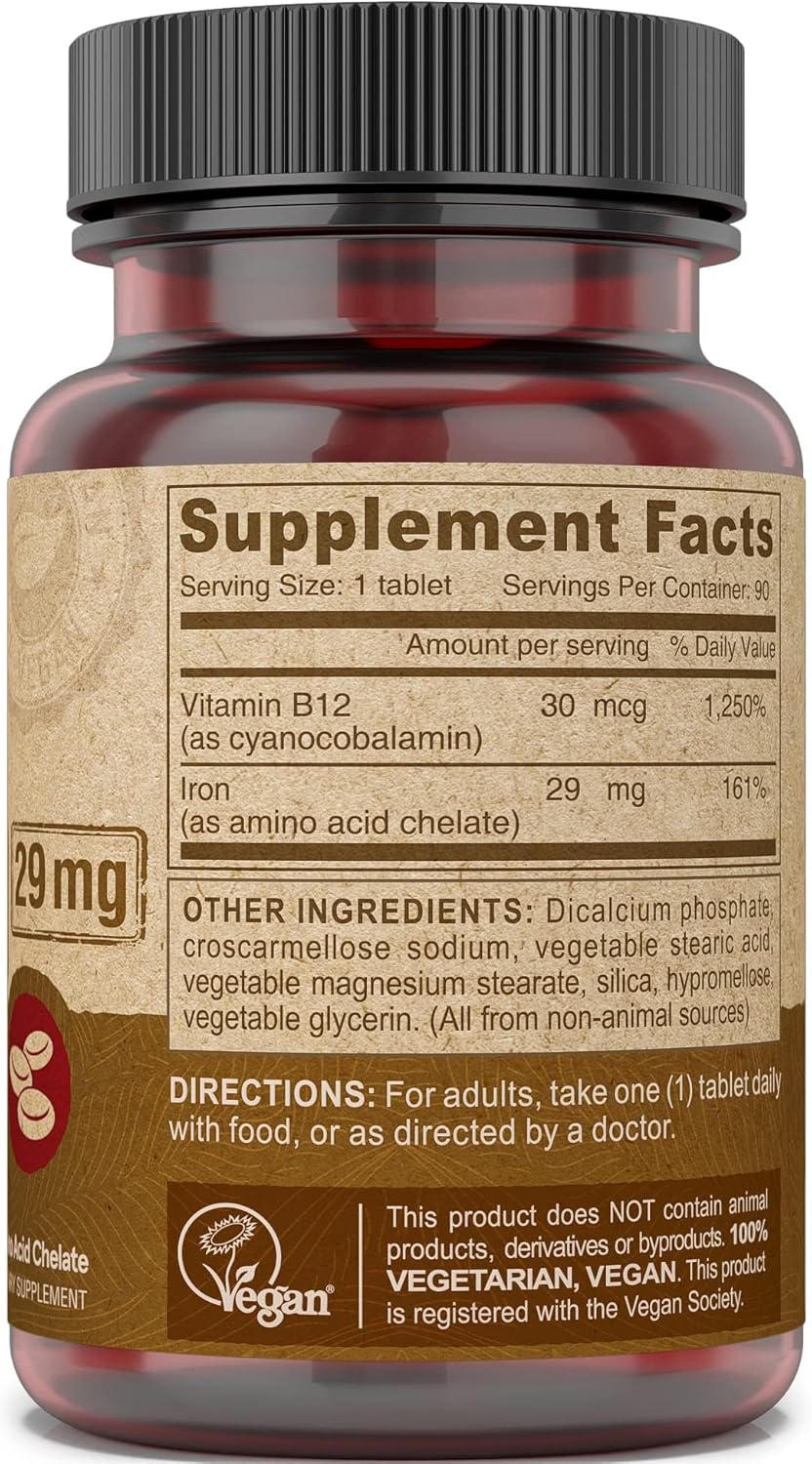 High Potency DEVA Nutrition Vegan Chelated Iron 29 mg with B-12 - Easy to Swallow Tablets - 2-Pack of 90