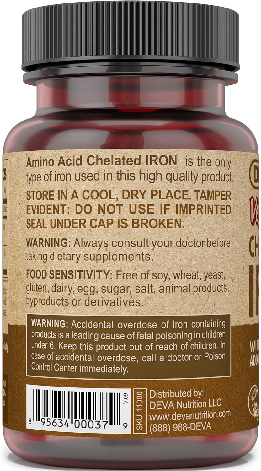 High Potency DEVA Nutrition Vegan Chelated Iron 29 mg with B-12 - Easy to Swallow Tablets - 2-Pack of 90