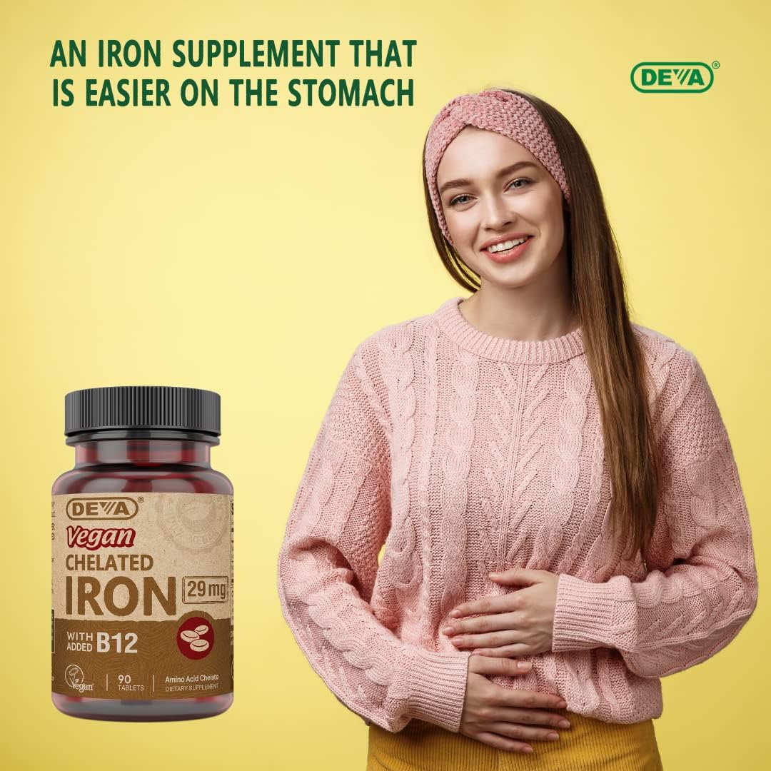 High Potency Deva Nutrition Vegan Chelated Iron 29 mg Tablets with B-12 - Easy to Swallow, 90ct - 1-Pack