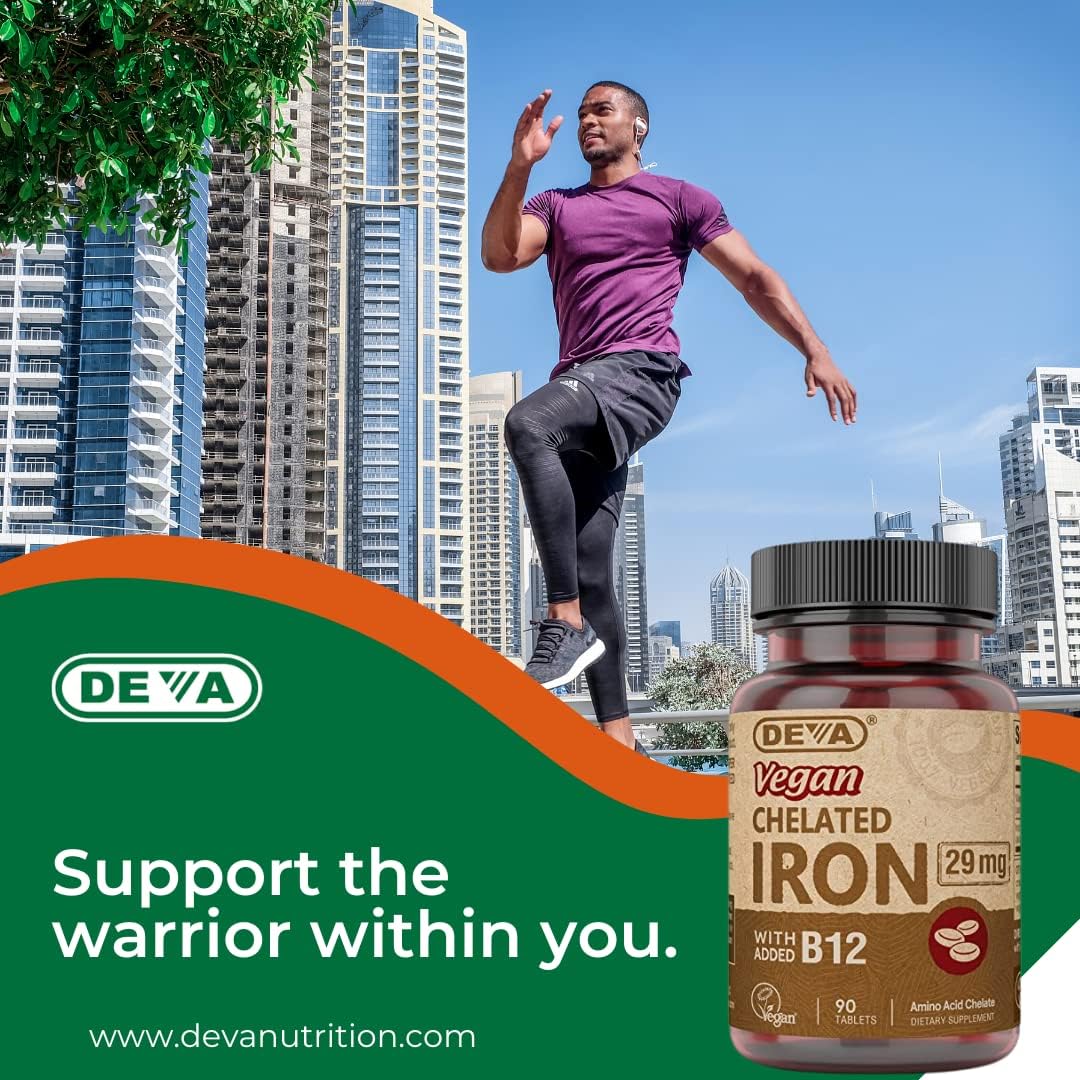 High Potency Deva Nutrition Vegan Chelated Iron 29 mg Tablets with B-12 - Easy to Swallow, 90ct - 1-Pack