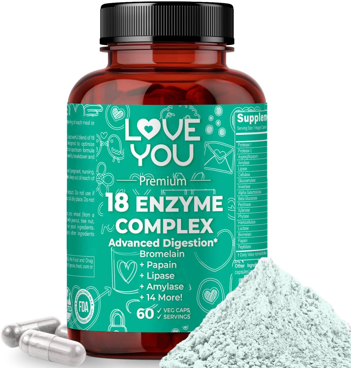 High Potency Digestive Enzymes Supplement for Women and Men - 18 Enzyme Complex for Digestive Comfort - Hemicullulase, Peptidase - 60 Veggie Caps