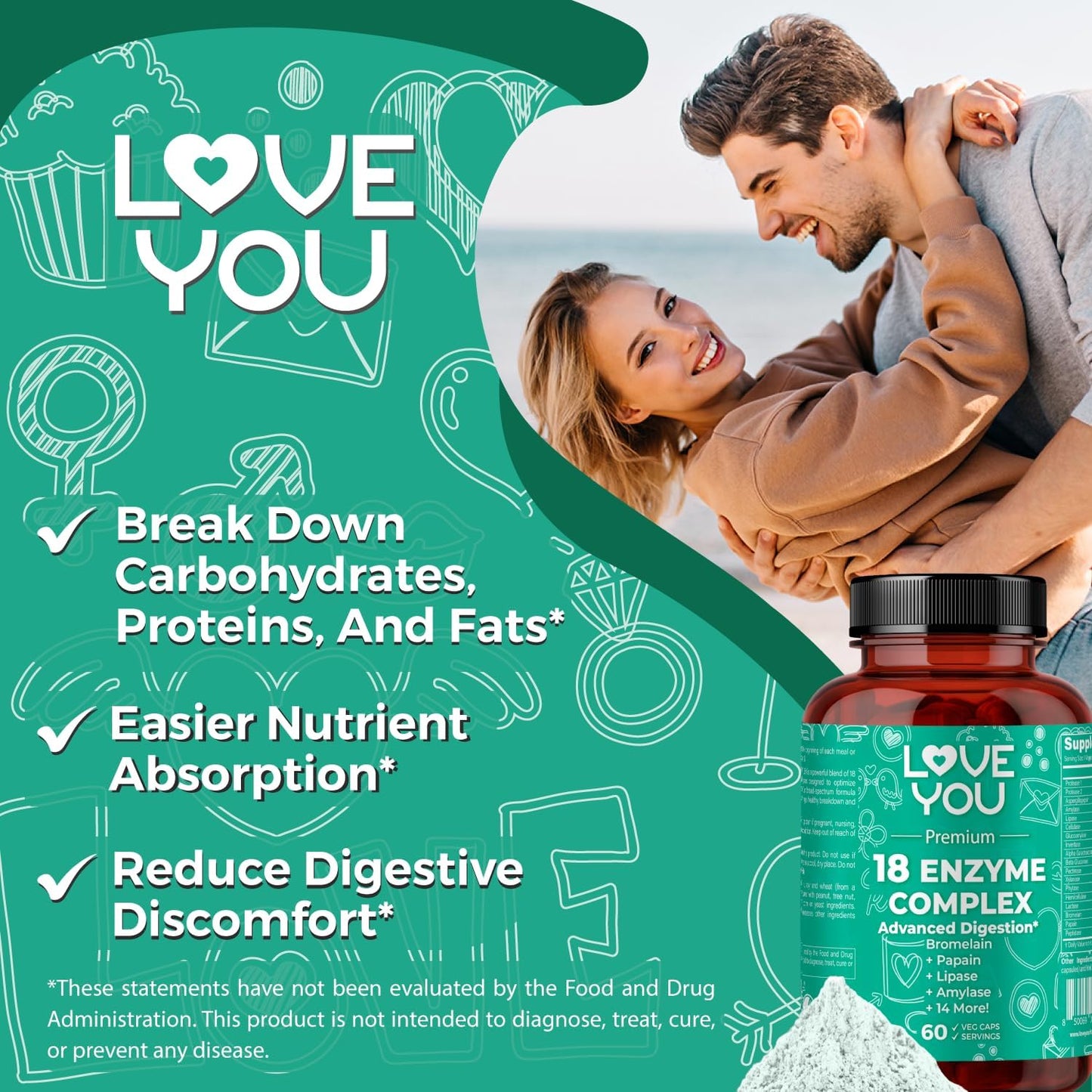 High Potency Digestive Enzymes Supplement for Women and Men - 18 Enzyme Complex for Digestive Comfort - Hemicullulase, Peptidase - 60 Veggie Caps