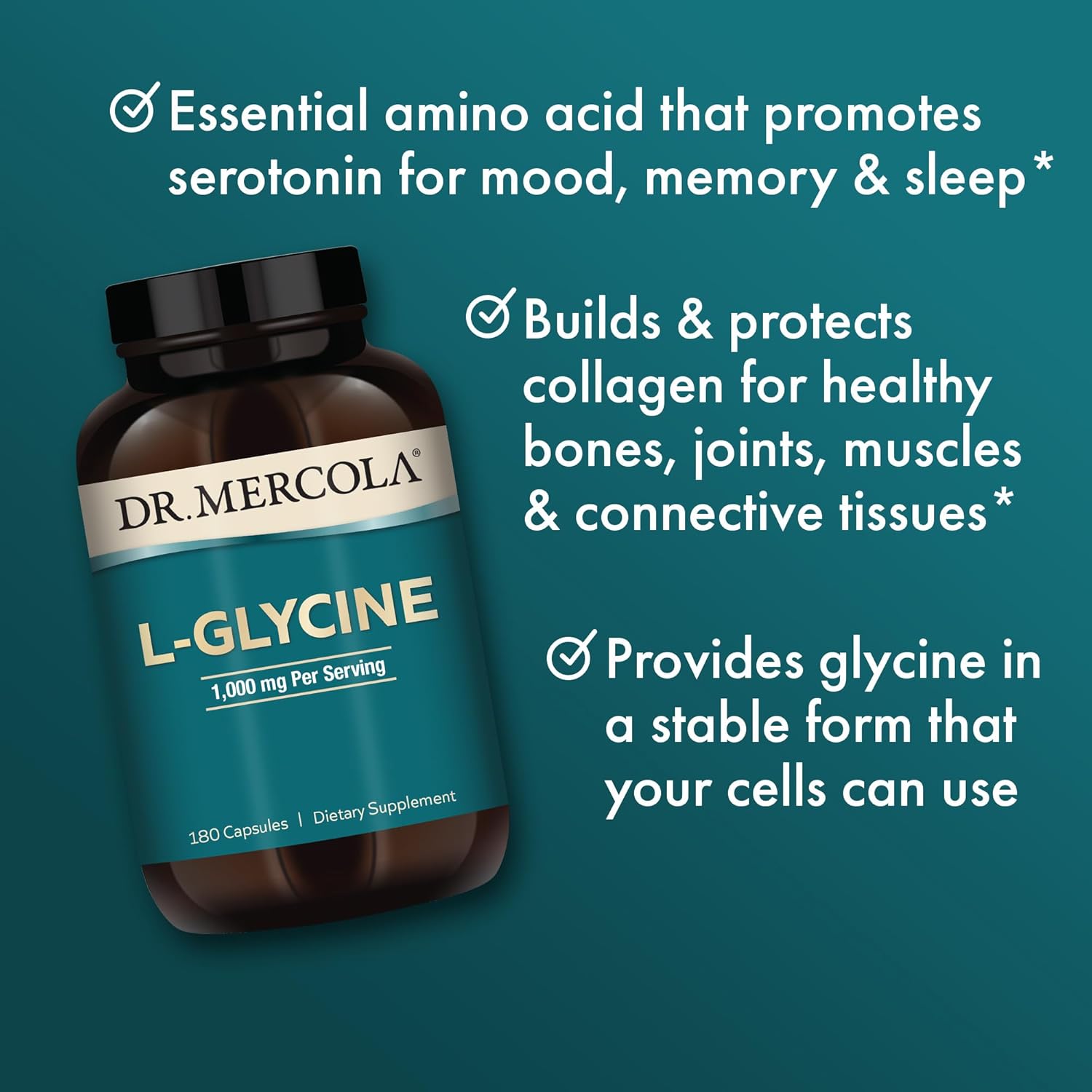 High Potency Dr. Mercola L-Glycine Supplement - 1,000mg, 90 Servings - Supports Mitochondrial Function - Non GMO, Soy & Gluten Free
