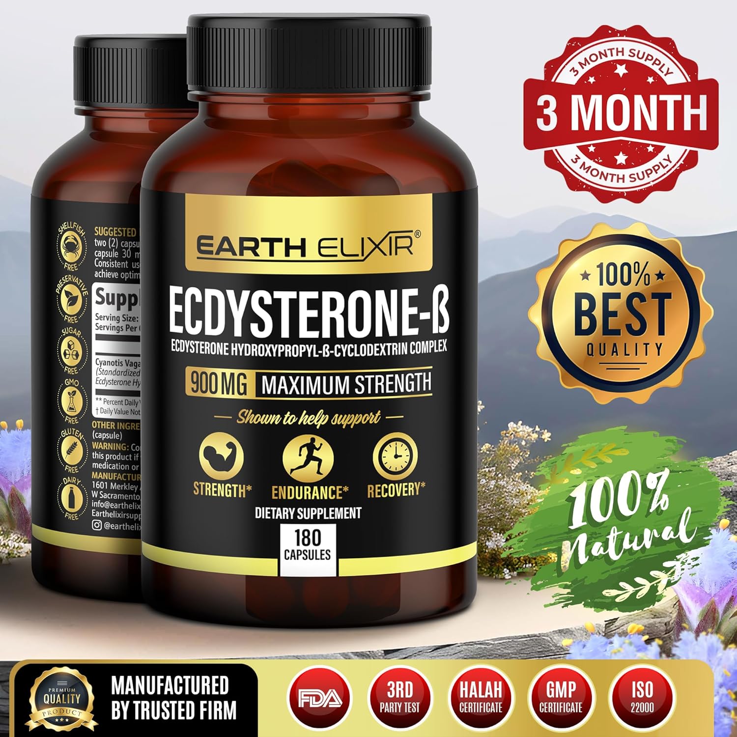 High Potency Earth Elixir Ecdysterone Supplements for Men - 900mg (180 Capsules) - Muscle Building Formula with 95% Beta Ecdysterone - Made in USA