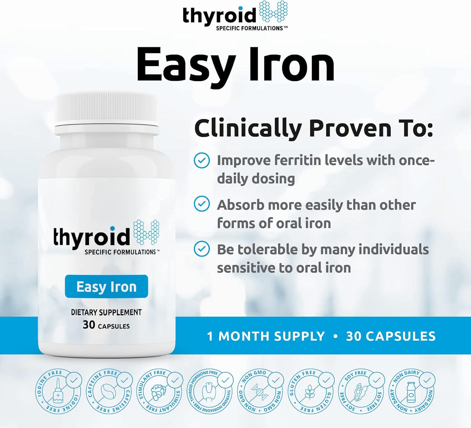 High Potency Easy Iron Supplement for Thyroid & Anemia Support - Gentle on Stomach, Non-Constipating, Doctor-Formulated for Energy & Wellness Boost
