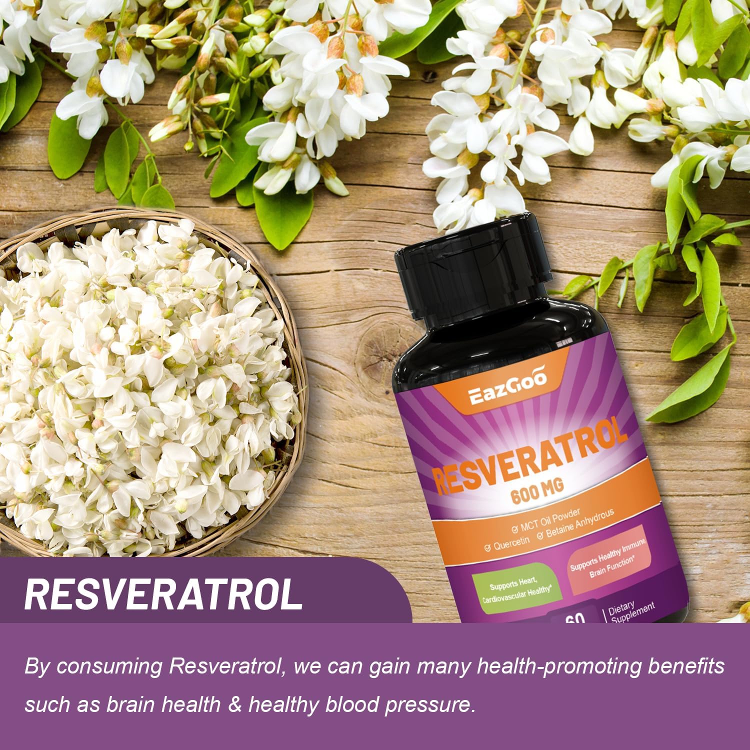 High Potency EAZGOO Resveratrol 600mg Capsules - Trans-Resveratrol Antioxidant Supplement for Healthy Aging Support (120 Count)