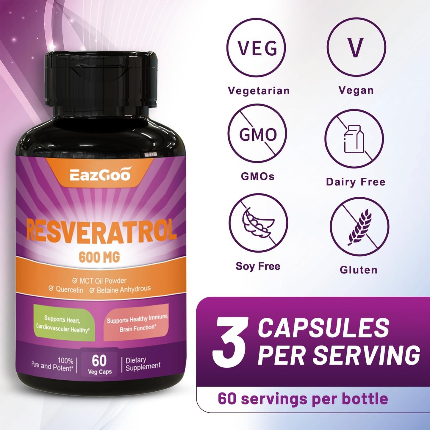 High Potency EAZGOO Resveratrol 600mg Capsules - Trans-Resveratrol Antioxidant Supplement for Healthy Aging Support (120 Count)