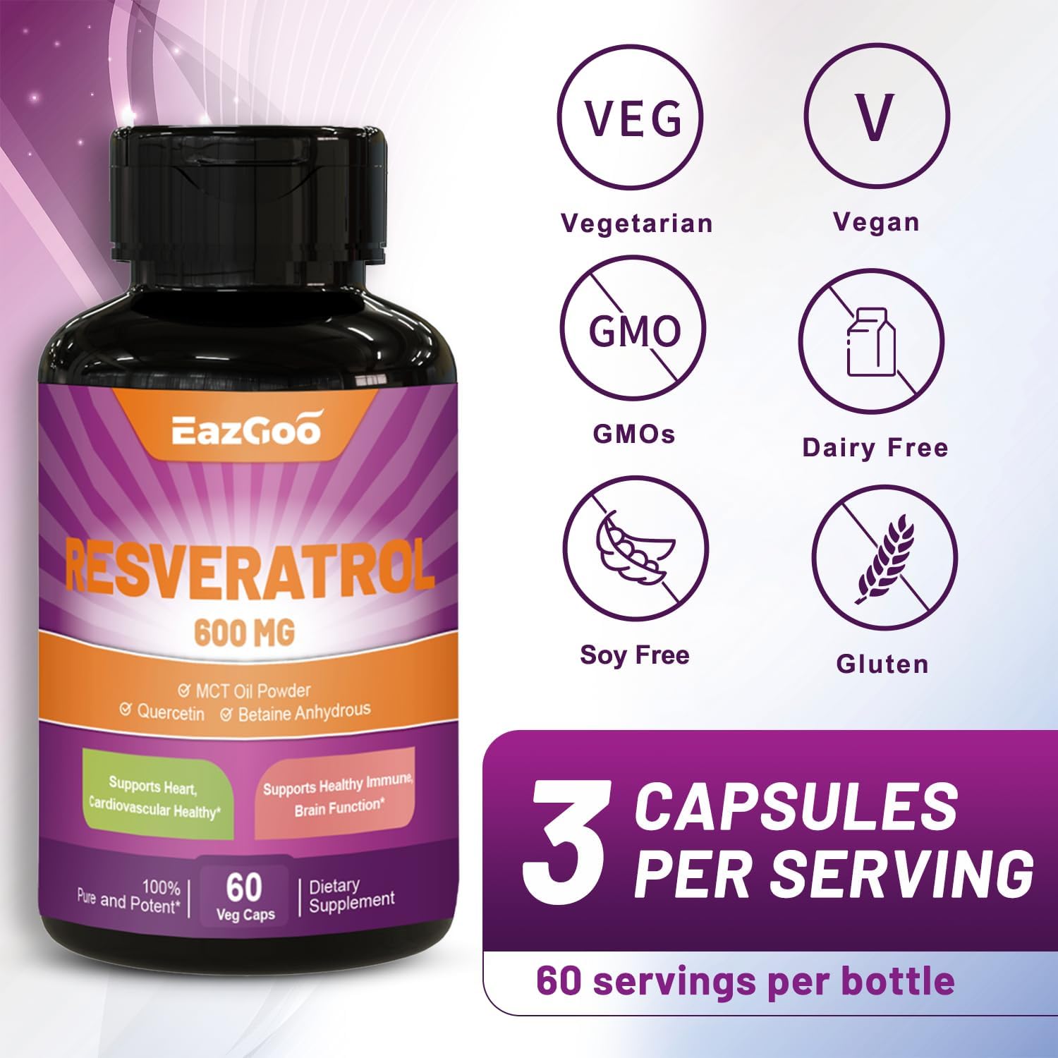 High Potency EAZGOO Resveratrol 600mg Capsules - Trans-Resveratrol Antioxidant Supplement for Healthy Aging Support (120 Count)
