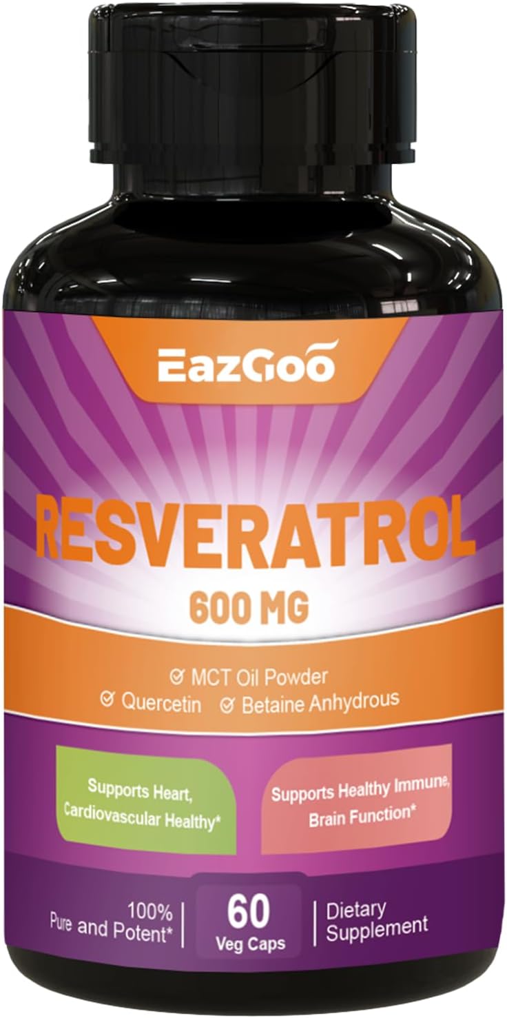 High Potency EAZGOO Resveratrol 600mg Capsules - Trans-Resveratrol Antioxidant Supplement for Healthy Aging Support (120 Count)