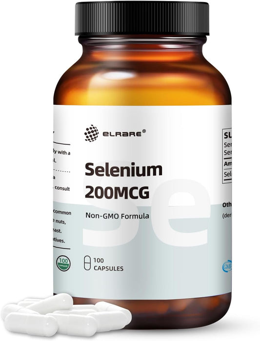 High Potency Elrare Selenium Supplement 200mcg - L-Selenomethionine Capsules - 100 Mini Size #2 Caps