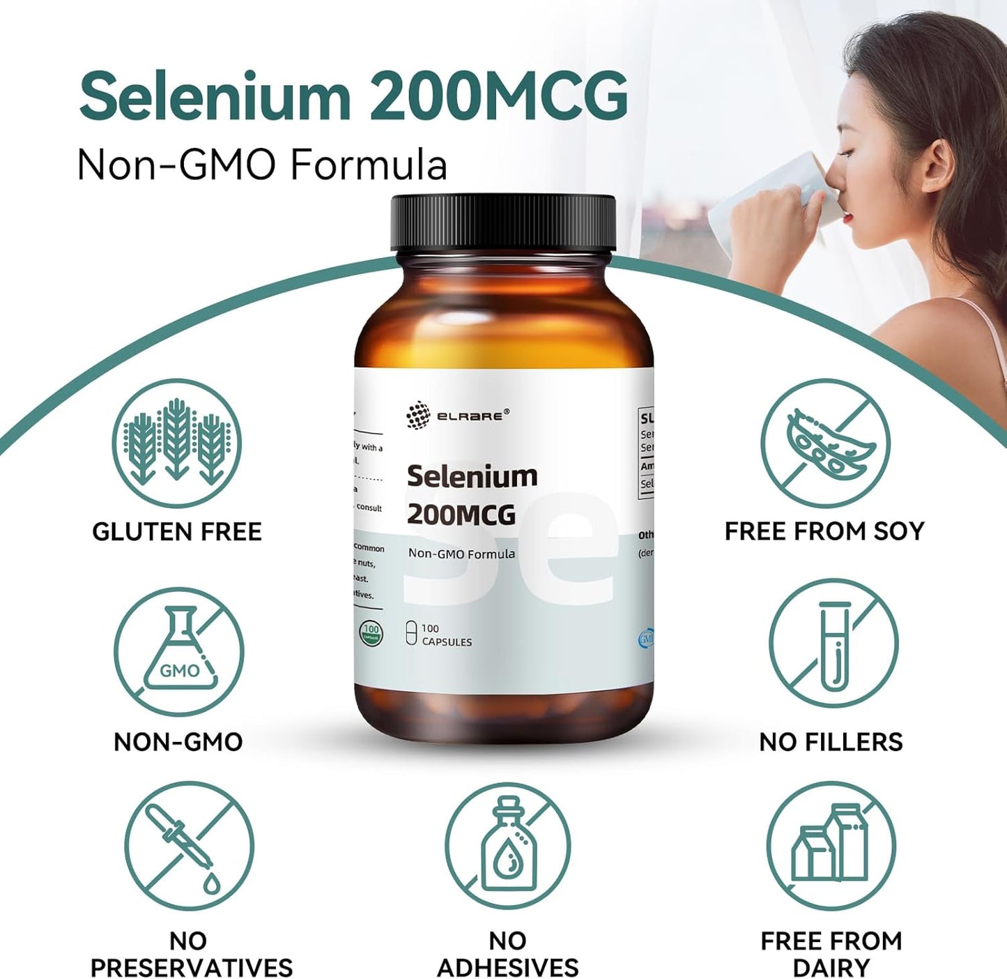 High Potency Elrare Selenium Supplement 200mcg - L-Selenomethionine Capsules - 100 Mini Size #2 Caps