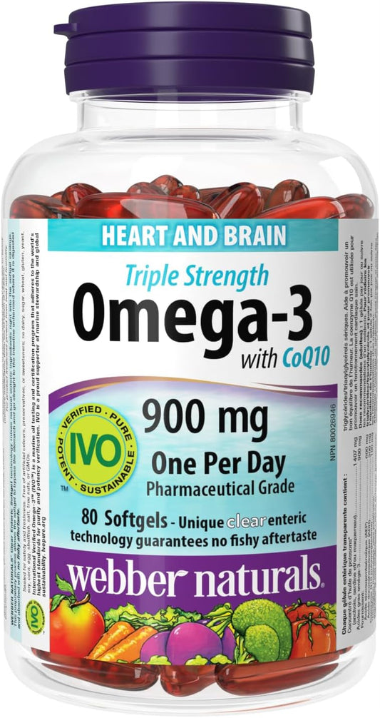 High Potency Enteric Coated Omega-3 with CoQ10 - 900mg (EPA/DHA) + 100mg, 80 Capsules by Webber Naturals