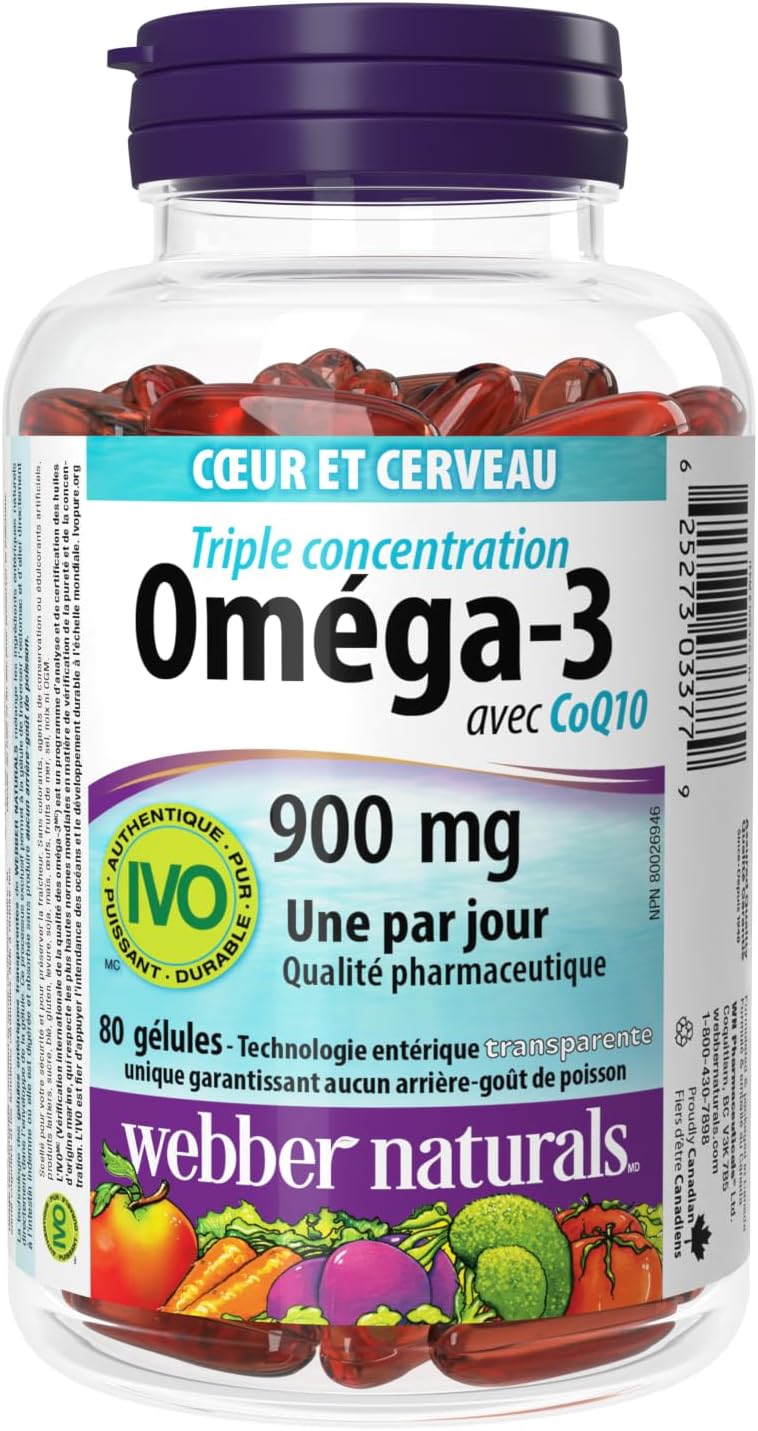 High Potency Enteric Coated Omega-3 with CoQ10 - 900mg (EPA/DHA) + 100mg, 80 Capsules by Webber Naturals