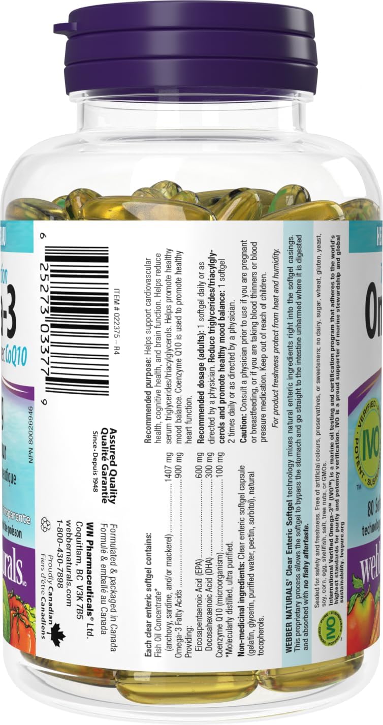 High Potency Enteric Coated Omega-3 with CoQ10 - 900mg (EPA/DHA) + 100mg, 80 Capsules by Webber Naturals