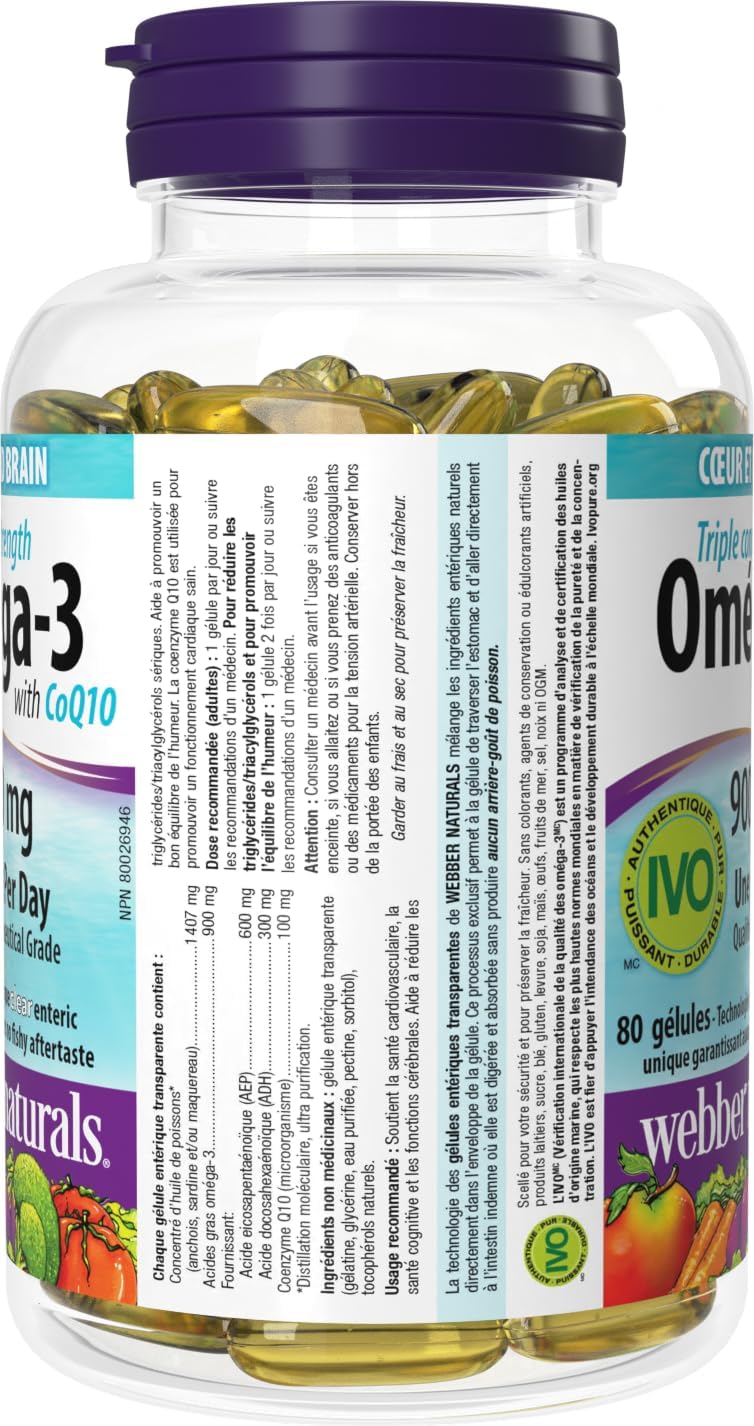 High Potency Enteric Coated Omega-3 with CoQ10 - 900mg (EPA/DHA) + 100mg, 80 Capsules by Webber Naturals