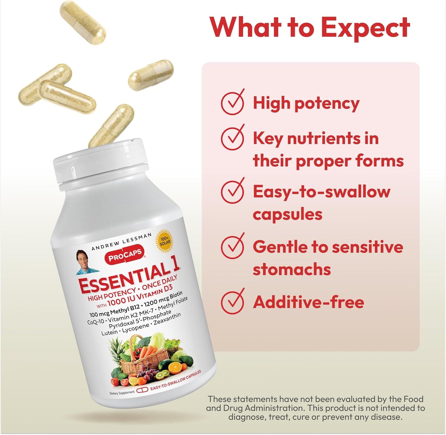 High Potency Essential-1 Multivitamin 1000 IU Vitamin D3 with 100 mcg Methyl B12 - CoQ10, Lutein, Lycopene, Zeaxanthin - 180 Small Capsules, No Additives - Ultra-Mild, One Daily Capsule