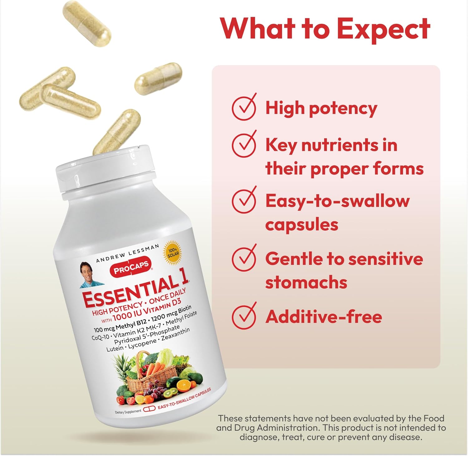 High Potency Essential-1 Multivitamin 1000 IU Vitamin D3 with 100 mcg Methyl B12 - CoQ10, Lutein, Lycopene, Zeaxanthin - 180 Small Capsules, No Additives - Ultra-Mild, One Daily Capsule