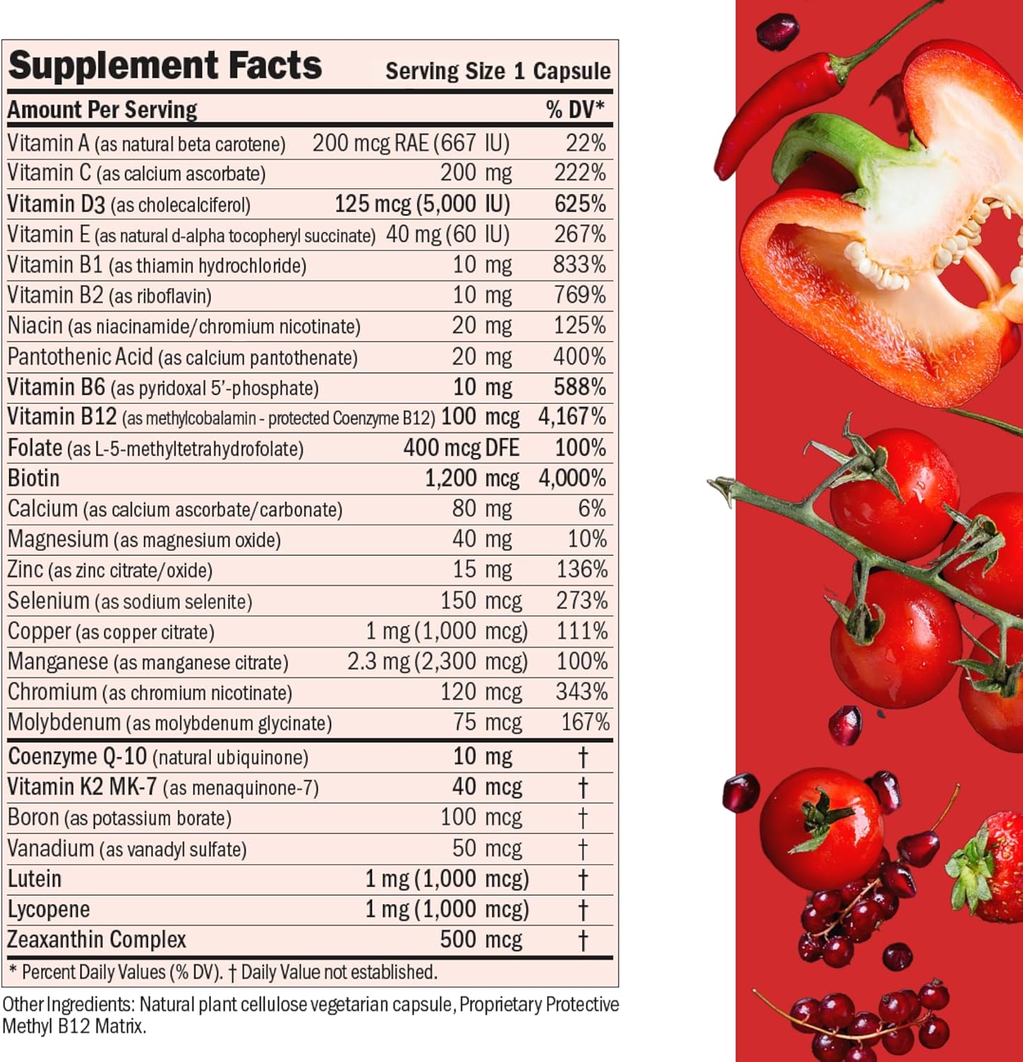 High Potency Essential-1 Multivitamin with 5000 IU Vitamin D3 and 100 mcg Methyl B12 - CoQ10, Lutein, Lycopene, Zeaxanthin - 30 Small Capsules, No Additives, Ultra-Mild Formula, One Daily Capsule