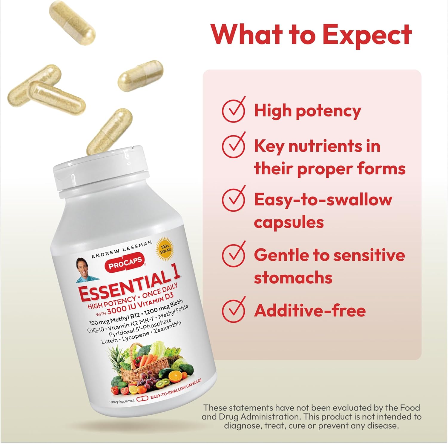 High Potency Essential-1 Multivitamin with Vitamin D3, Methyl B12, CoQ10, Lutein, and Zeaxanthin - 60 Small Capsules for Daily Use