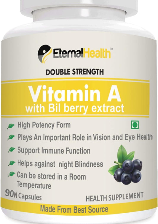 High Potency Eterna.l-Health Vitamin A Capsules with Bilberry Extracts - Supports Vision & Immune System - 90 Veg Capsules