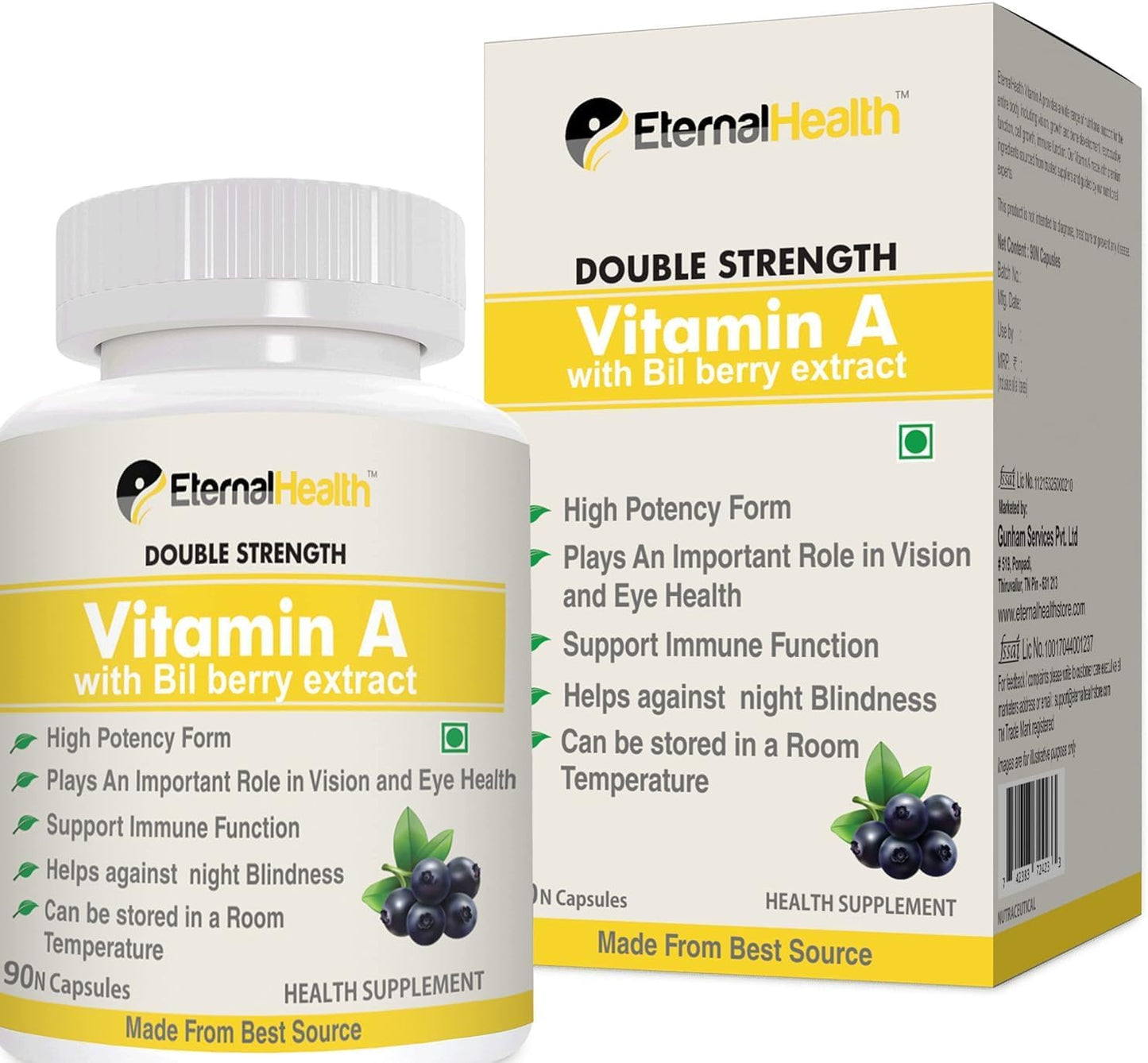 High Potency Eterna.l-Health Vitamin A Capsules with Bilberry Extracts - Supports Vision & Immune System - 90 Veg Capsules
