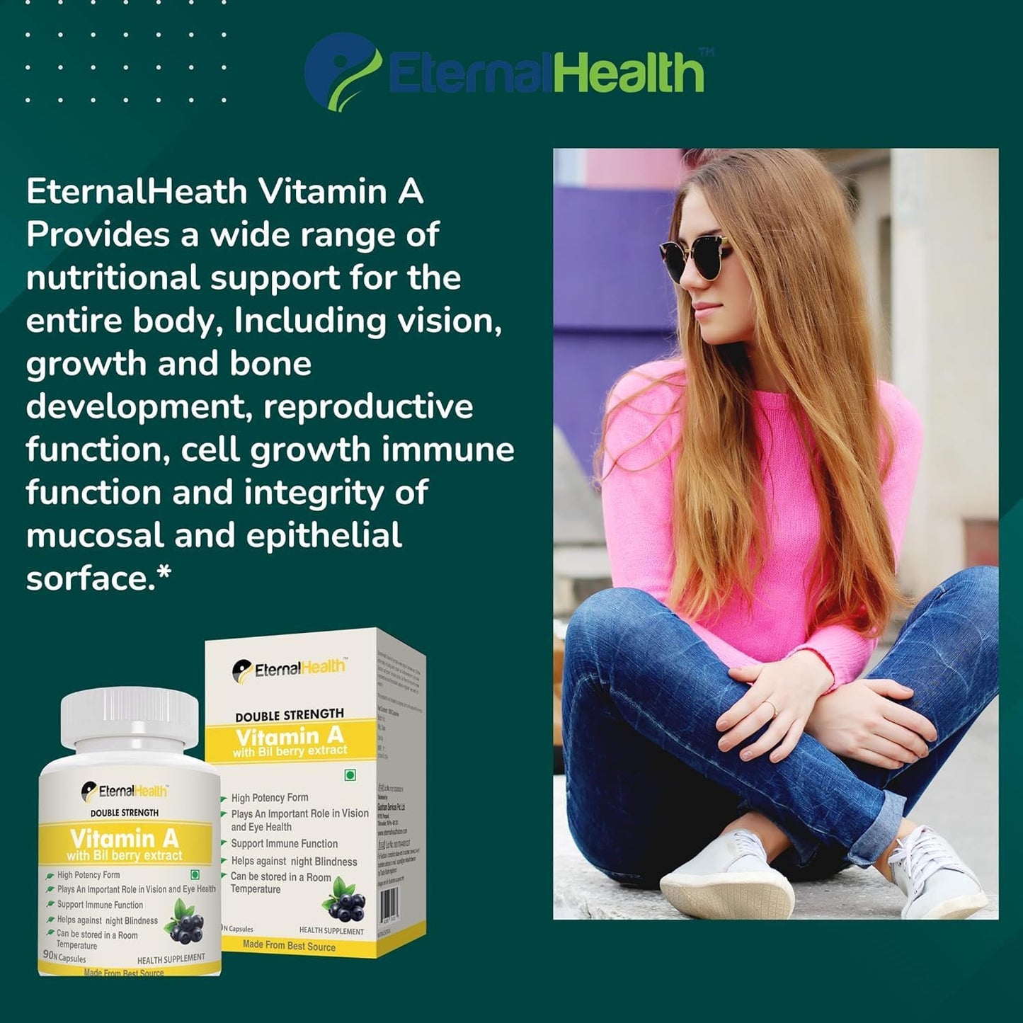 High Potency Eterna.l-Health Vitamin A Capsules with Bilberry Extracts - Supports Vision & Immune System - 90 Veg Capsules
