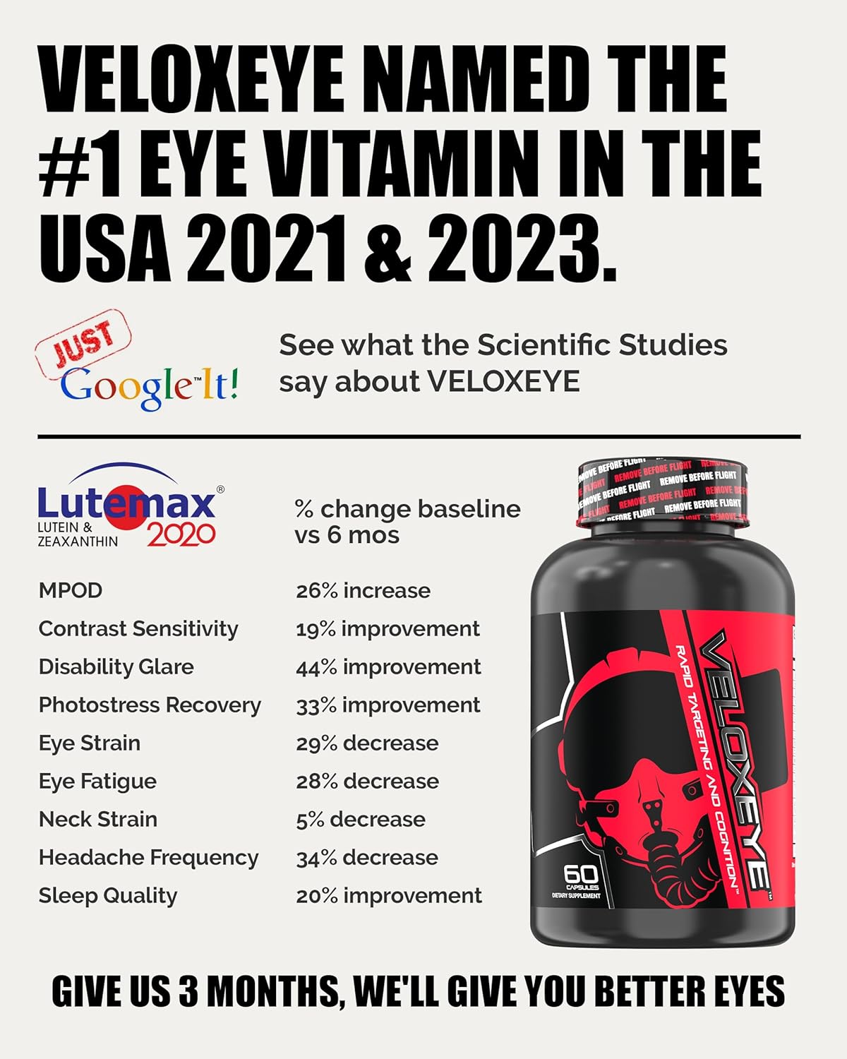 High-Potency Eye Health Supplement for Adults - Improve Eyesight Naturally with Veloxeye™ - Patented Lutein, Zeaxanthin, Bilberry, and Antioxidants