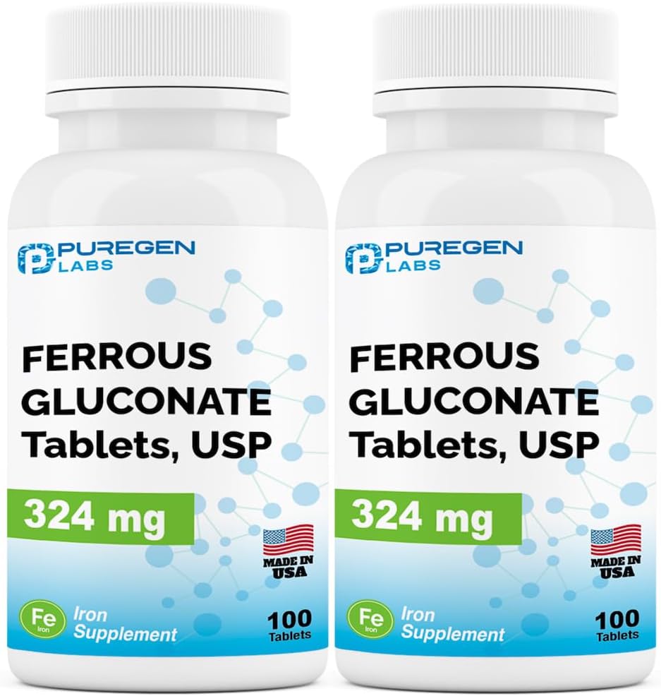 High Potency Ferrous Gluconate Iron Supplement by Puregen Labs - Gentle on Stomach | 200 Tablets x 2 Pack