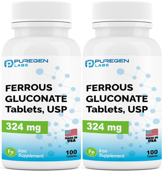 High Potency Ferrous Gluconate Iron Supplement by Puregen Labs - Gentle on Stomach | 200 Tablets x 2 Pack