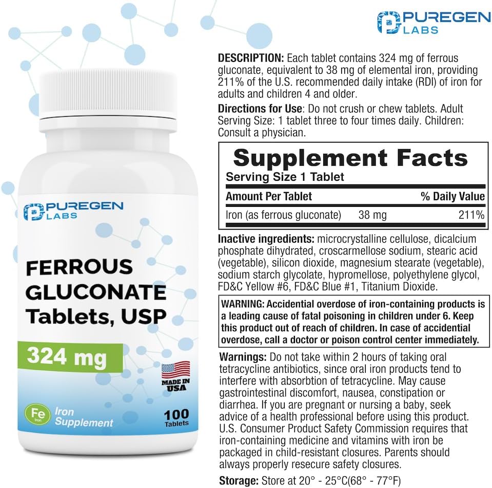 High Potency Ferrous Gluconate Iron Supplement by Puregen Labs - Gentle on Stomach | 200 Tablets x 2 Pack