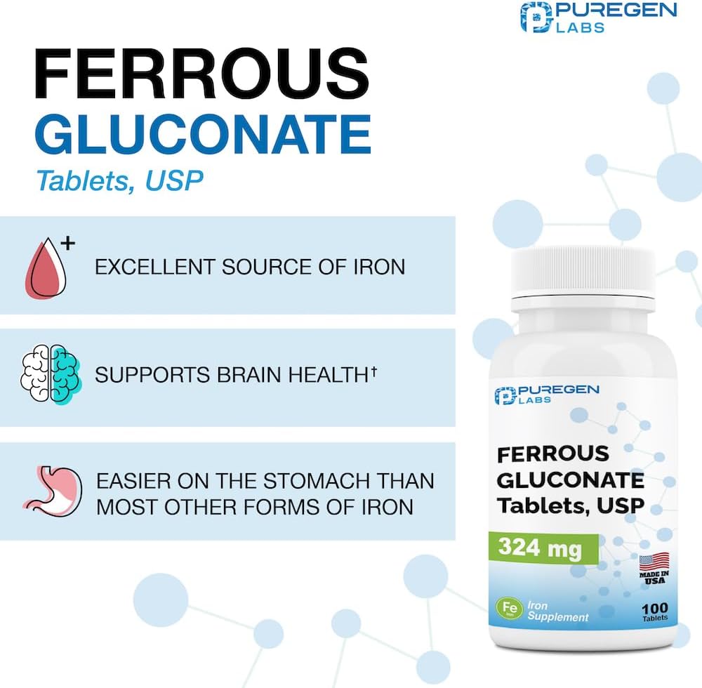 High Potency Ferrous Gluconate Iron Supplement by Puregen Labs - Gentle on Stomach | 200 Tablets x 2 Pack