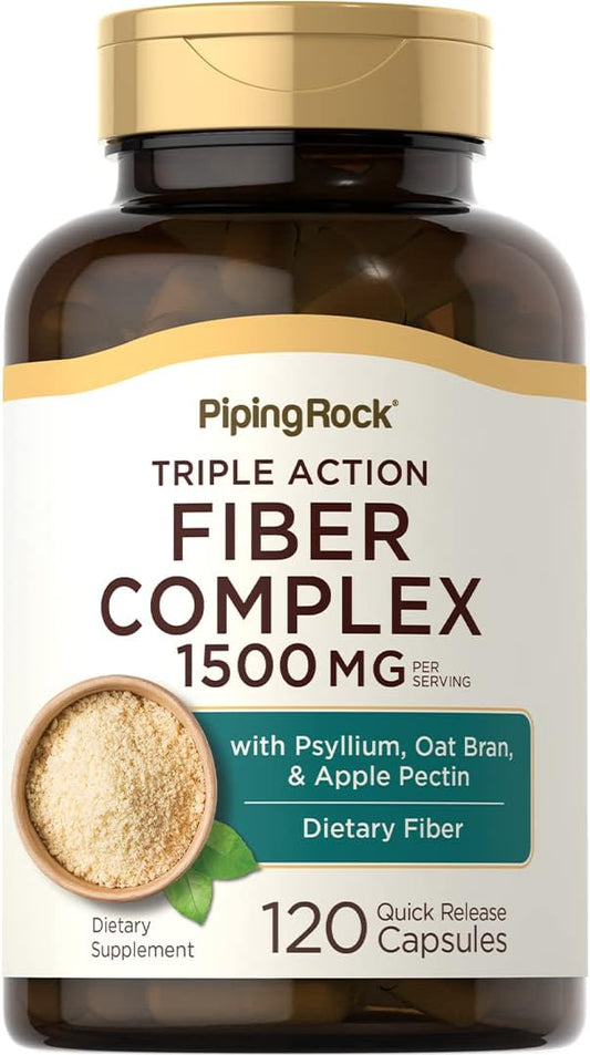 High Potency Fiber Complex Supplement | 1500mg | 120 Capsules | Psyllium, Oat Bran, Apple Pectin | Triple Action Pills | Non-GMO, Gluten Free