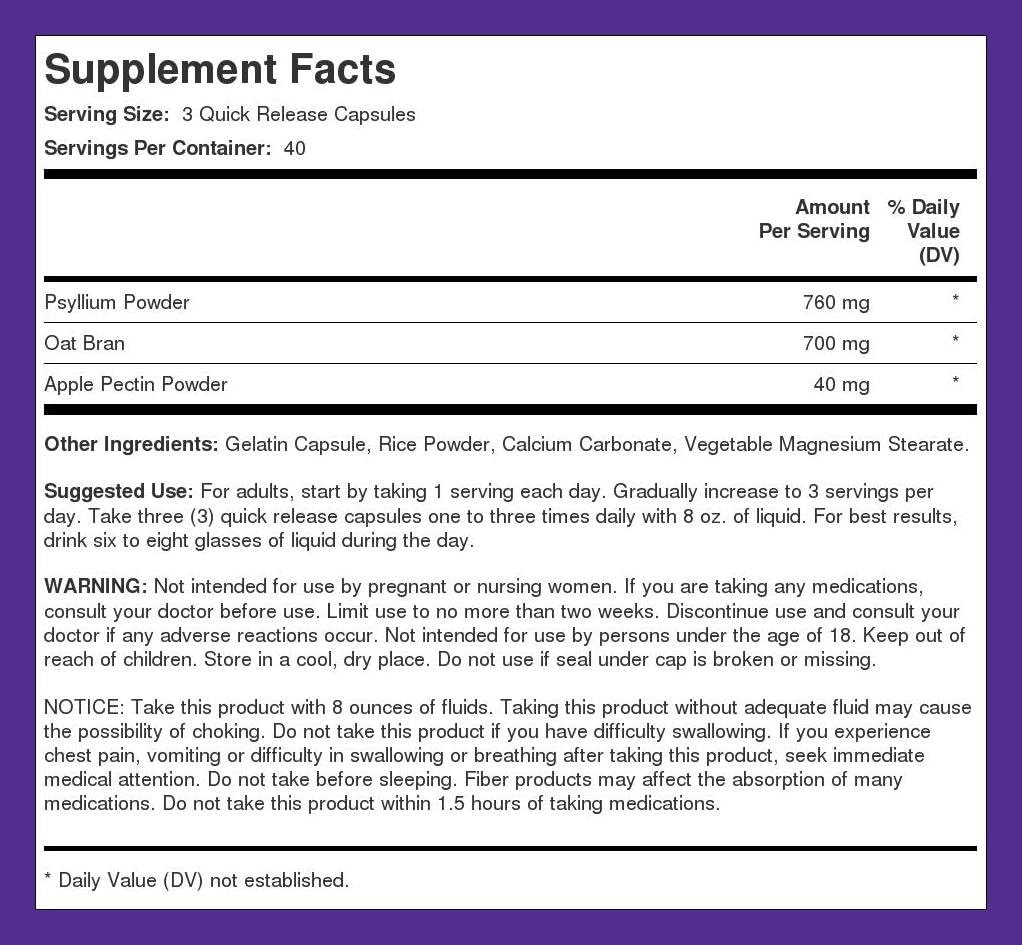 High Potency Fiber Complex Supplement | 1500mg | 120 Capsules | Psyllium, Oat Bran, Apple Pectin | Triple Action Pills | Non-GMO, Gluten Free