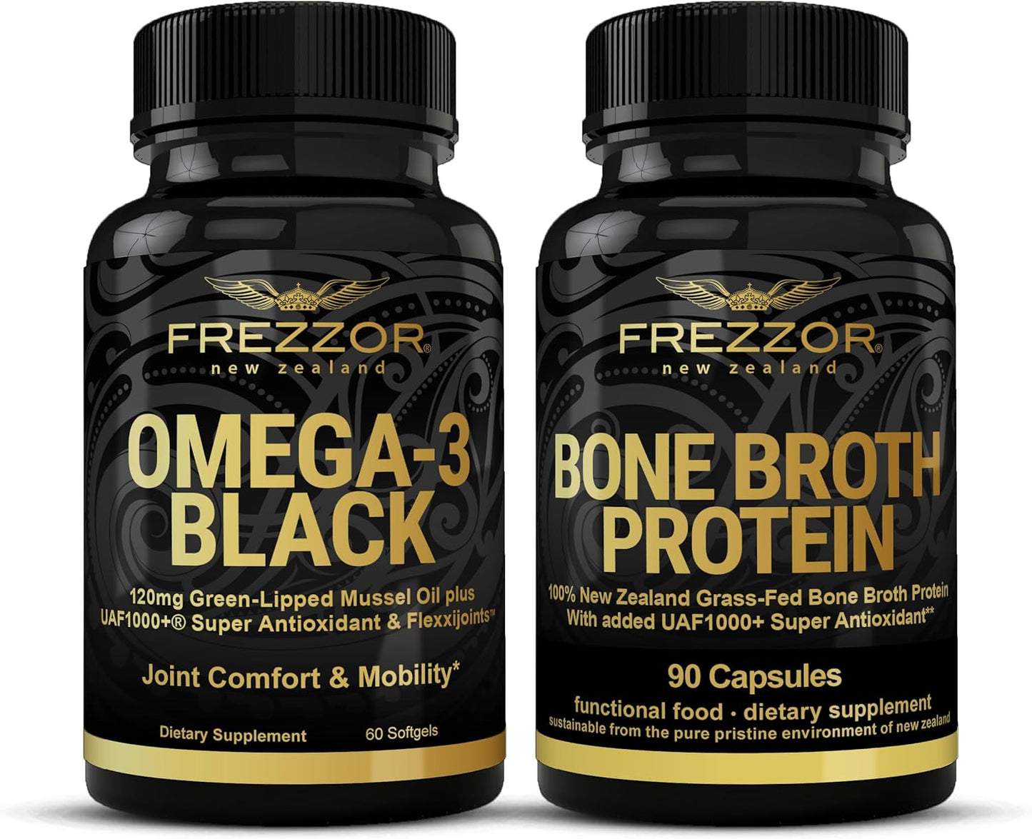 High Potency FREZZOR Omega 3 Black Green Lipped Mussel Oil Softgels & Bone Broth Protein Combo for Joint Comfort & Mobility, 2 Bottles, 60 Softgels
