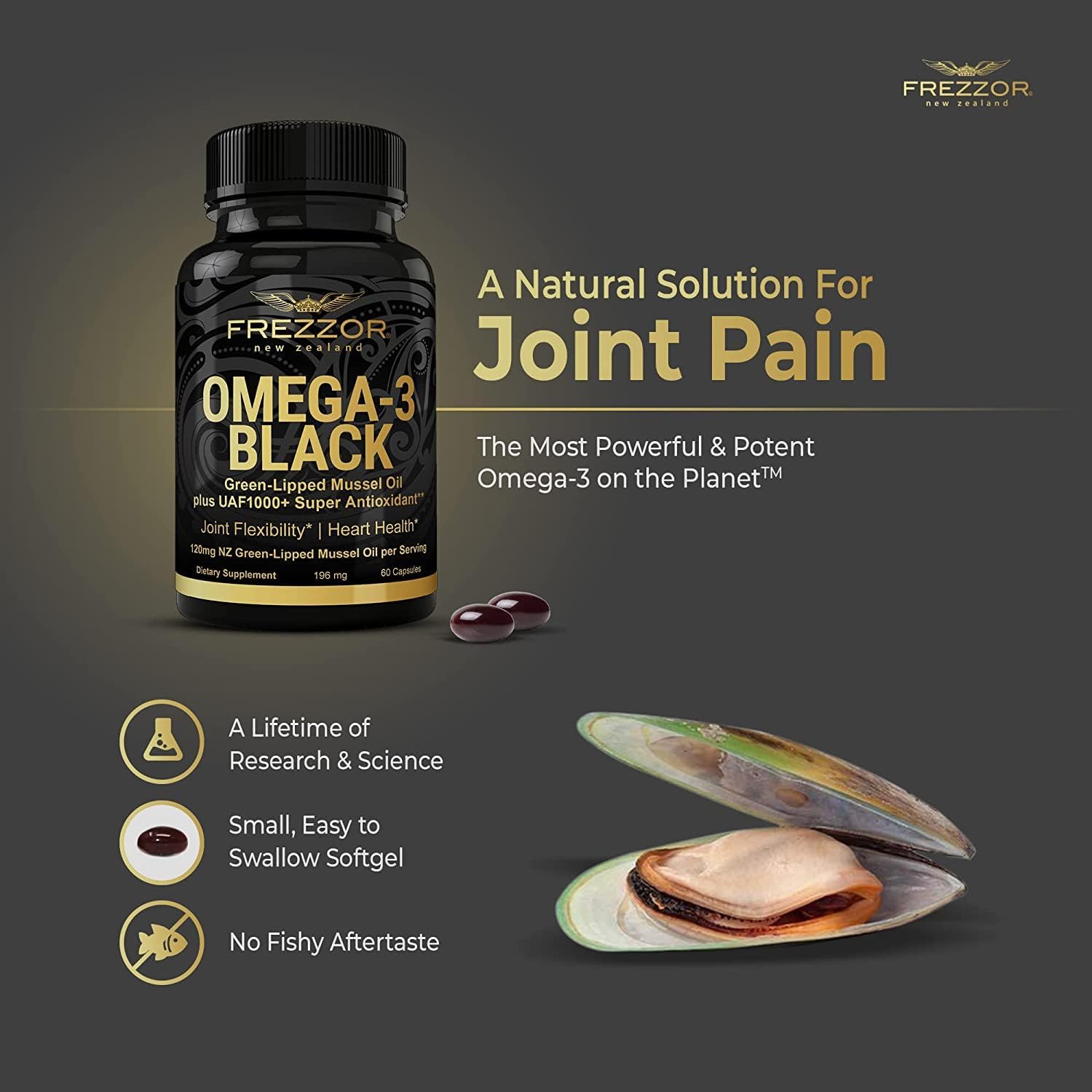 High Potency FREZZOR Omega 3 Black Green Lipped Mussel Oil Softgels & Bone Broth Protein Combo for Joint Comfort & Mobility, 2 Bottles, 60 Softgels