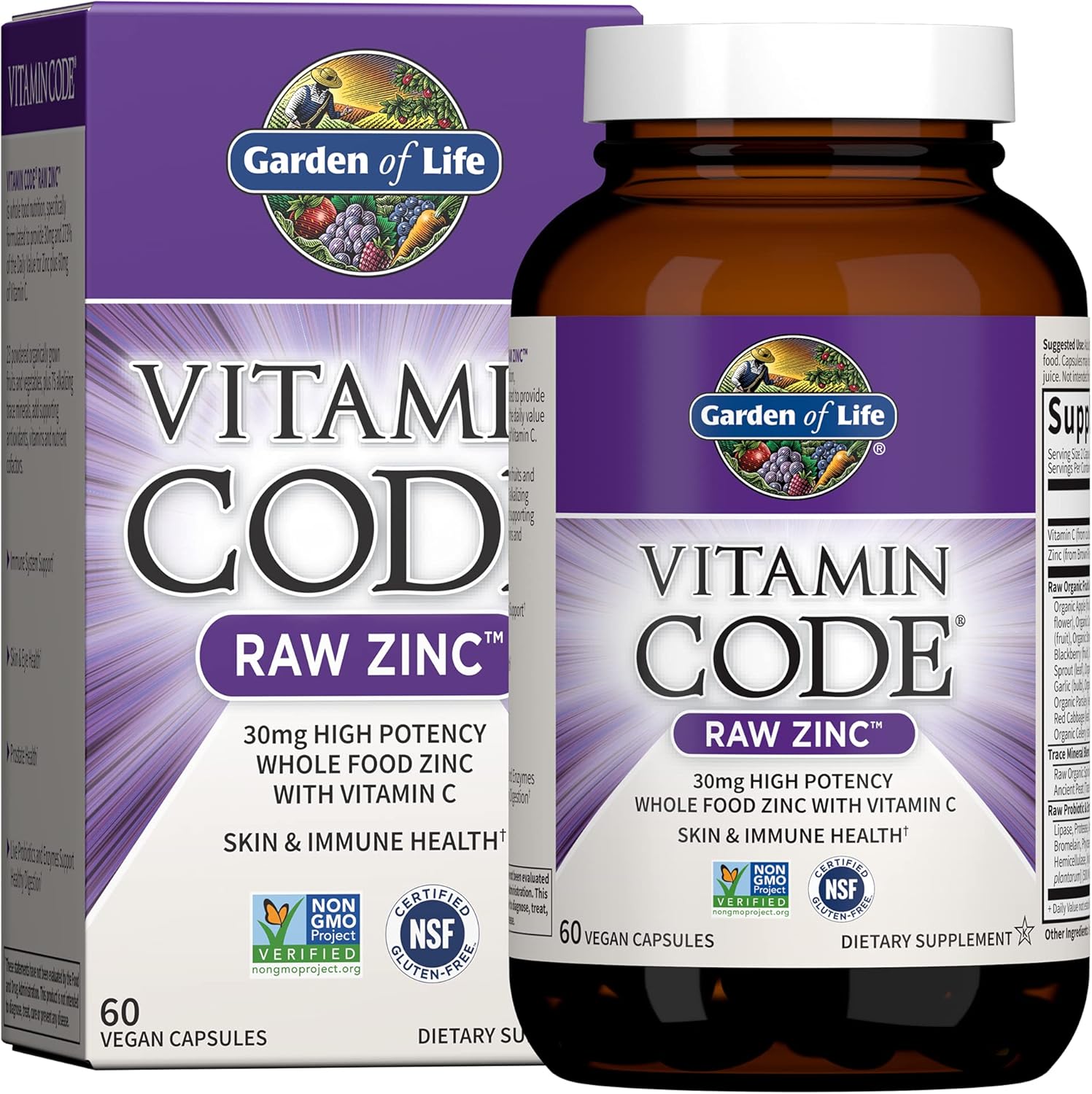 High Potency Garden of Life Zinc Supplements with Vitamin C - 30mg Raw Zinc Multimineral Supplement for Skin Health & Immune Support - 60 Vegan Capsules