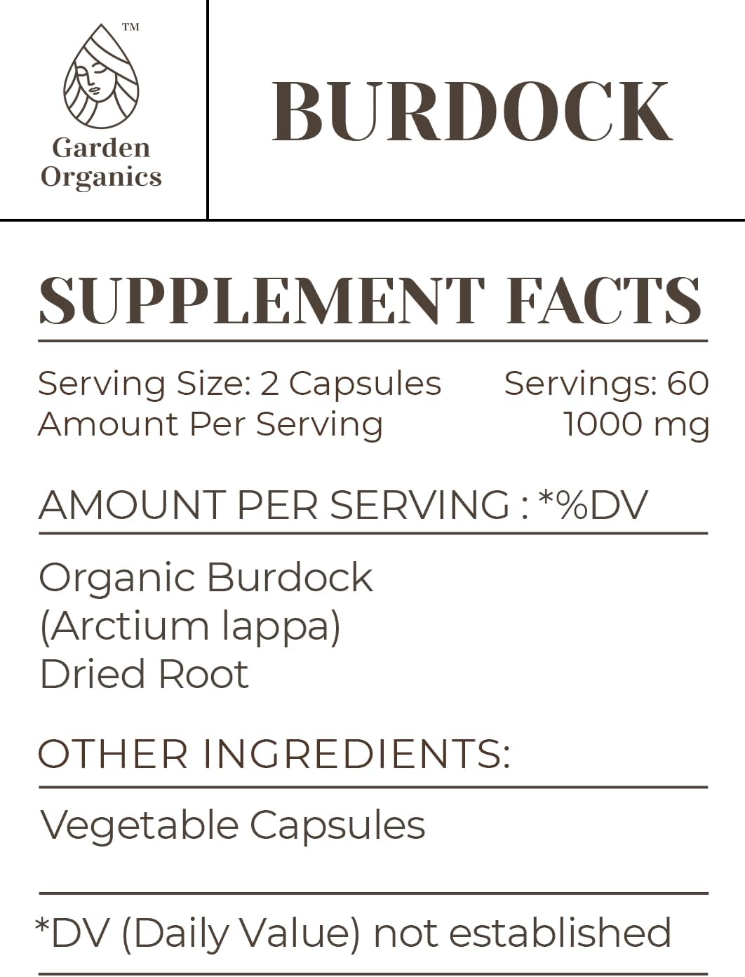 High-Potency Garden Organics Burdock Capsules | Herbal Dietary Supplements with Vegetable Capsules | Arctium lappa Dried Root | 120 Capsules