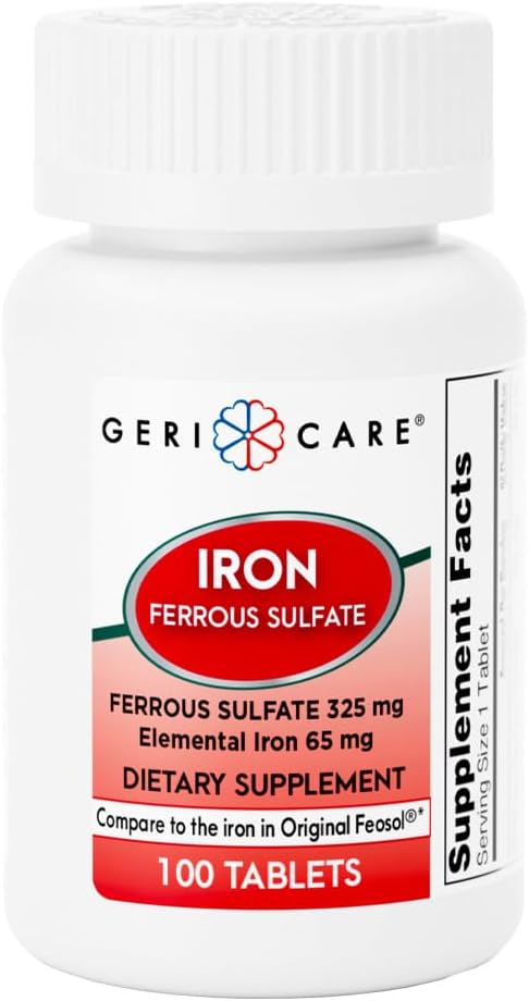 High Potency GeriCare Ferrous Sulfate Tablets 325mg with 65mg Elemental Iron - 100 Count Dietary Supplement Pack