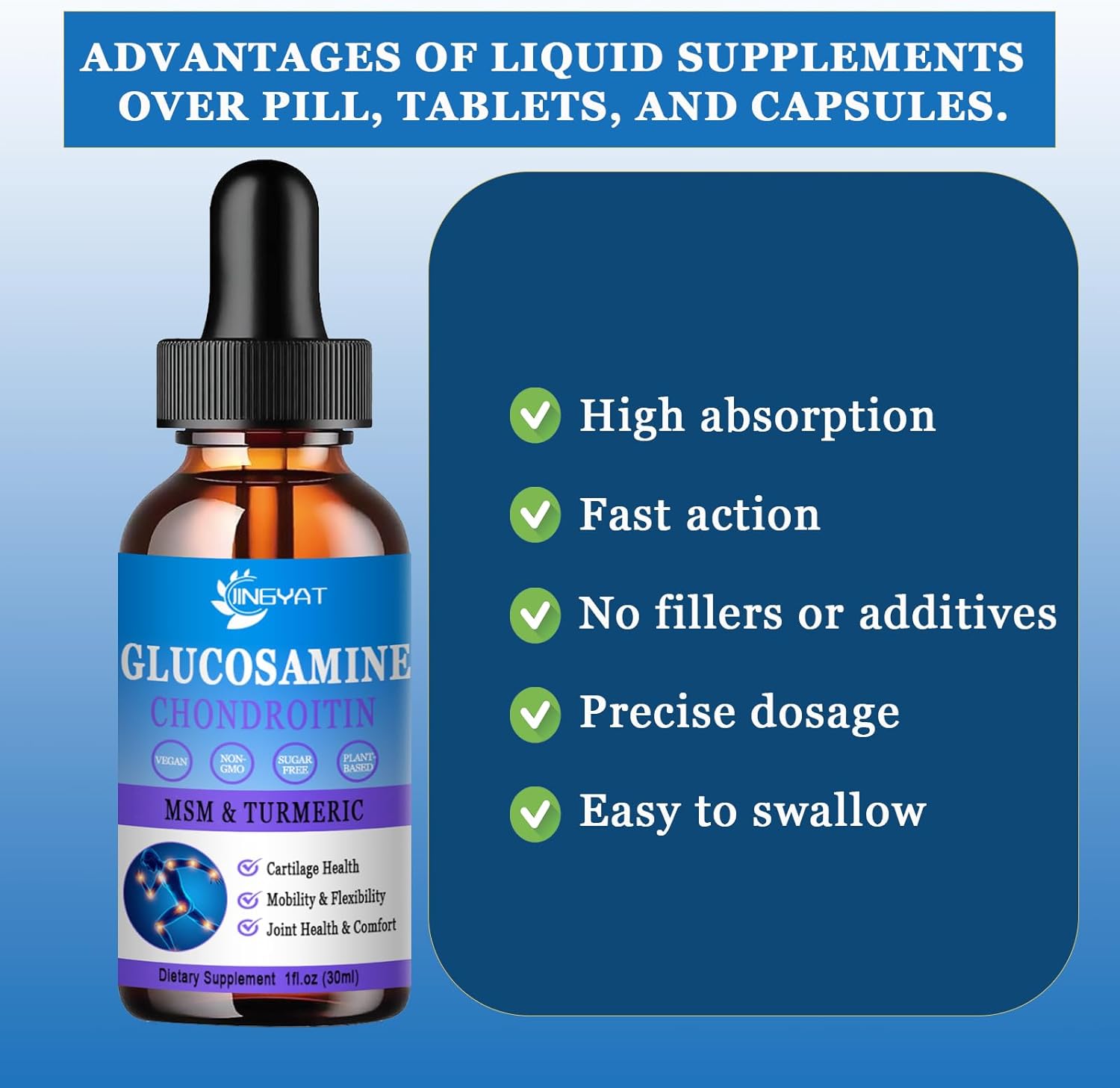 High Potency Glucosamine Chondroitin Liquid Drops with MSM, Turmeric, Hyaluronic Acid, Quercetin & Bromelain - 2000mg - Joint Health Supplement
