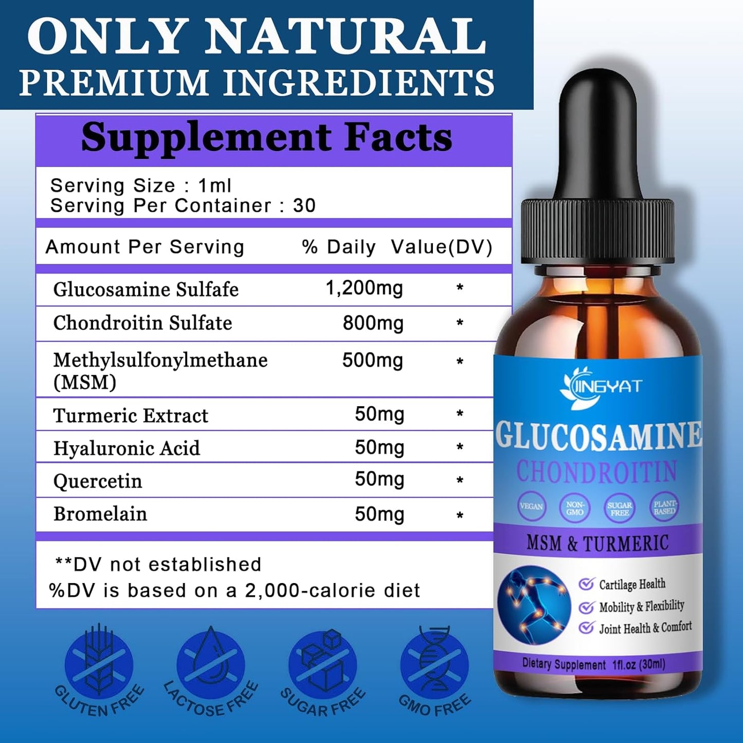 High Potency Glucosamine Chondroitin Liquid Drops with MSM, Turmeric, Hyaluronic Acid, Quercetin & Bromelain - 2000mg - Joint Health Supplement