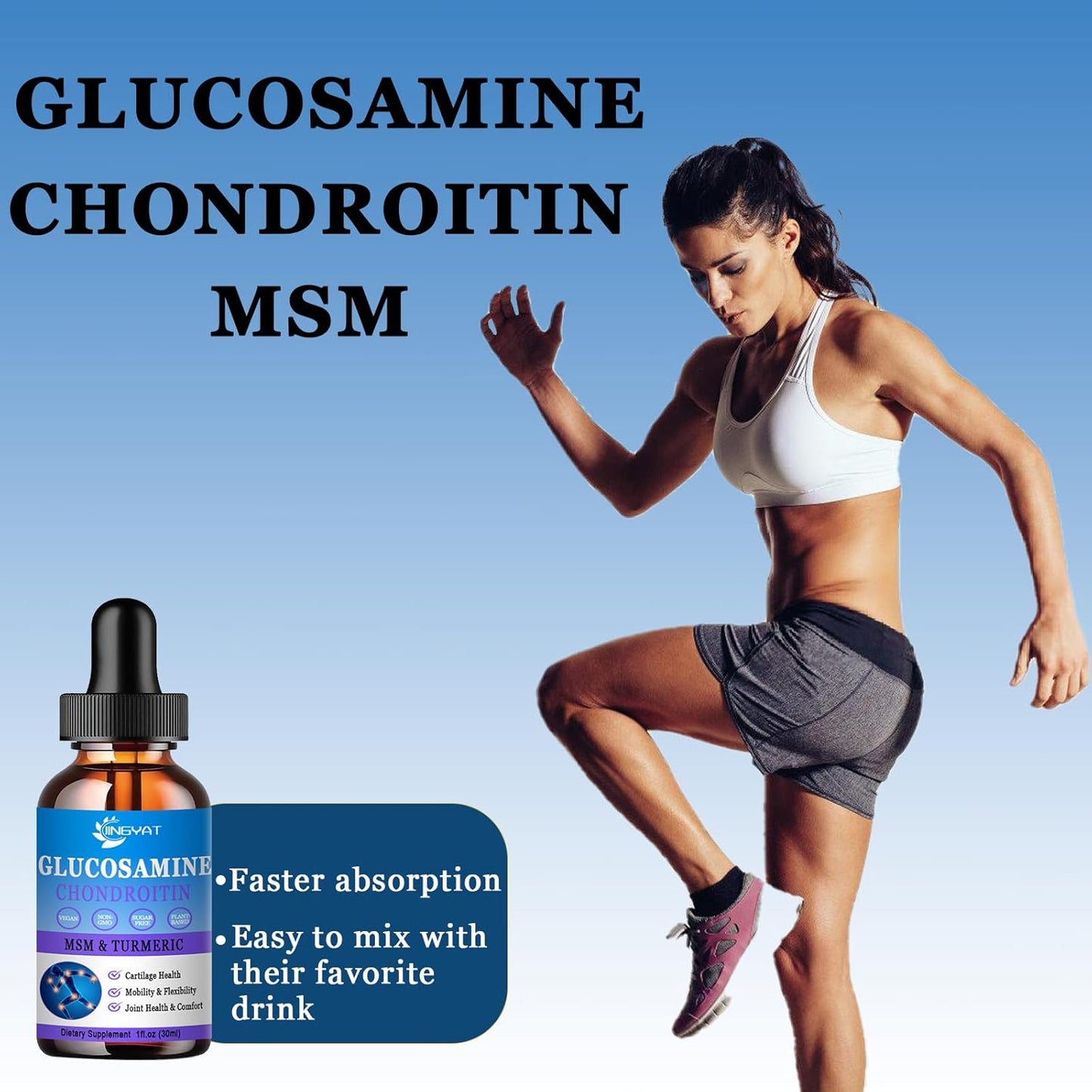 High Potency Glucosamine Chondroitin Liquid Drops with MSM, Turmeric, Hyaluronic Acid, Quercetin & Bromelain - 2000mg - Joint Health Supplement